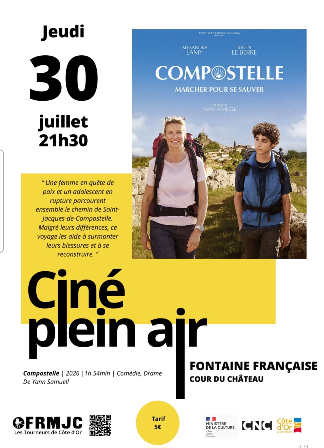 Affiche Ciné plein air Compostelle au Château de Fontaine-Française le 30 juillet 2026